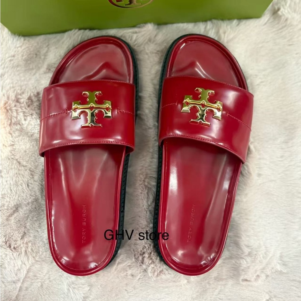 Tory Burch Red Patent Leather Slide Sandals with Gold Logo - Picture 2 of 8